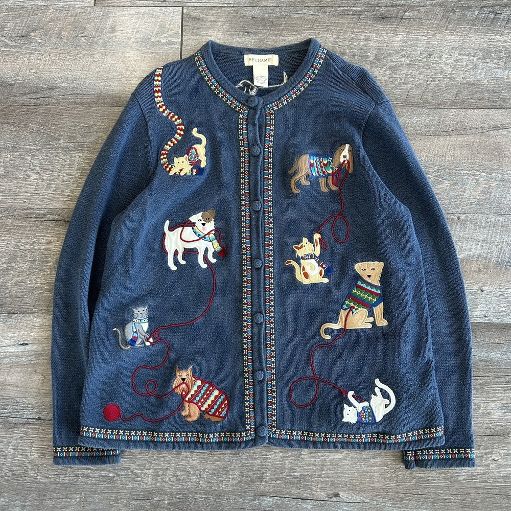 Vintage 90s Embroidered Cat Dog Cardigan Size L Novelty Ugly Christmas Cottage